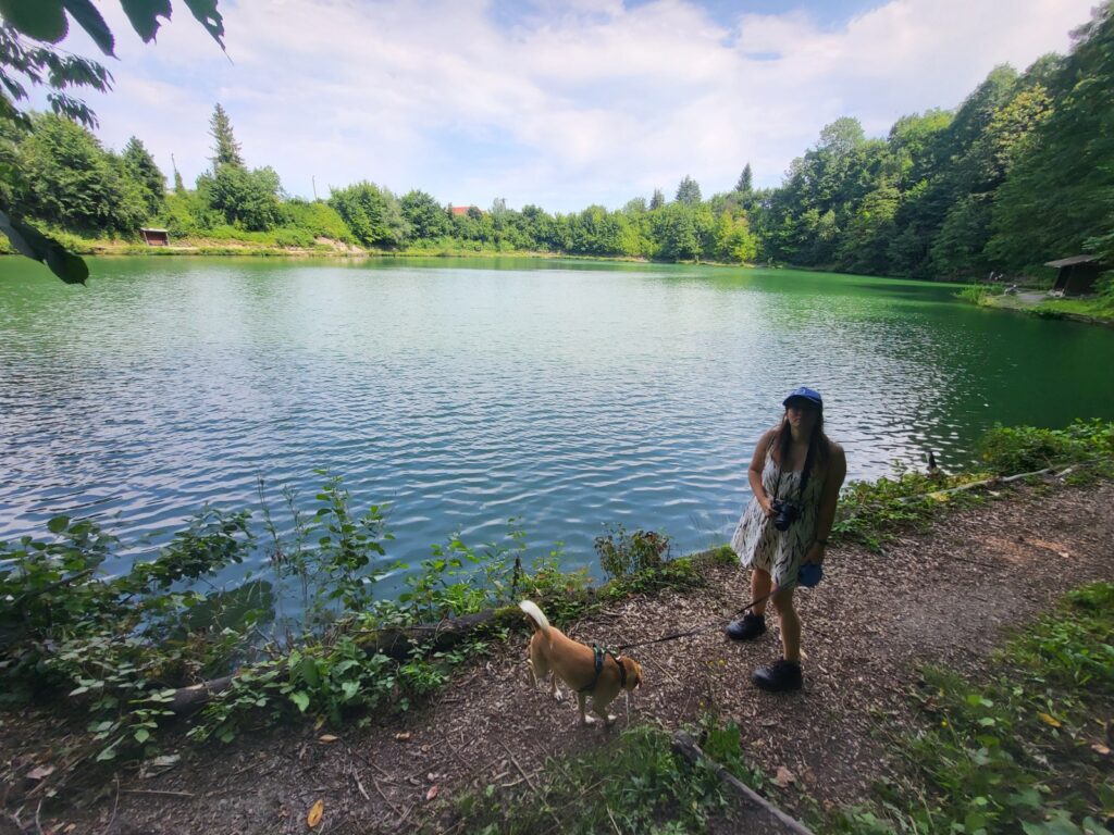 Wyrchgóra z psem – panorama Zbiornika Ton w Goleszowie